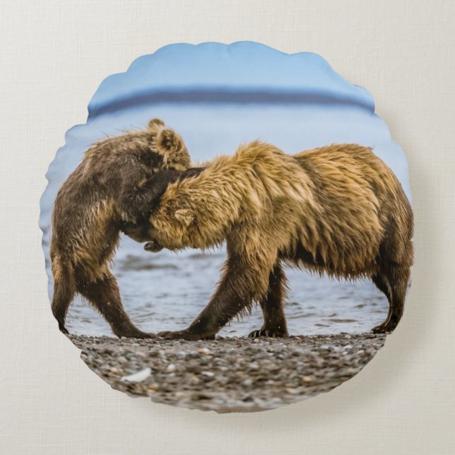Almofada Redonda Ursos castanhos costeiros (Frente)