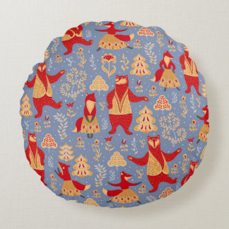 Almofada Redonda Ursos dançarinos e raposas num marinheiro floresta