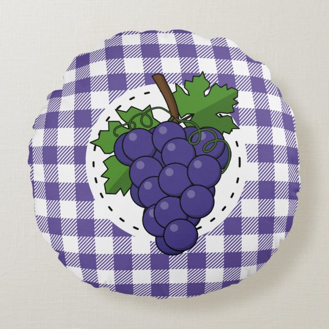 Almofada Redonda Uvas em Xadrez violeta branca (Frente)