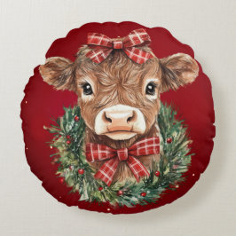 Almofada Redonda Vaca de Highland Escocesa na Hora de Natal