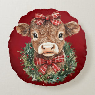 Almofada Redonda Vaca de Highland Escocesa na Hora de Natal