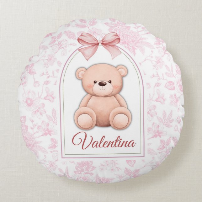Almofada Redonda Valentina | Design de Enfermeiro de Urso Rosa Pers (Frente)