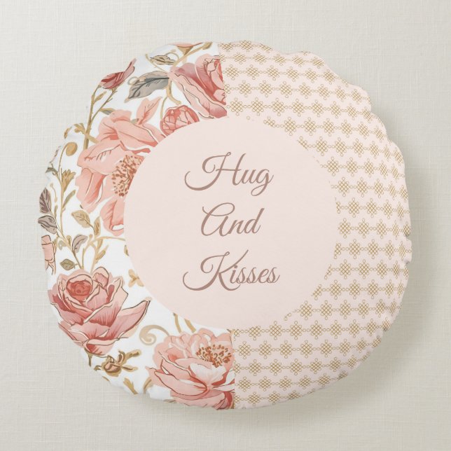 Almofada Redonda Valentine's Day, Hug and Kisses, Flowers, Pixels (Frente)