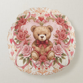 Almofada Redonda Valentine's ,Teddy Bear,Pink Love Heart and Flower