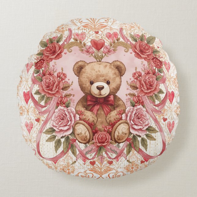 Almofada Redonda Valentine's ,Teddy Bear,Pink Love Heart and Flower (Frente)
