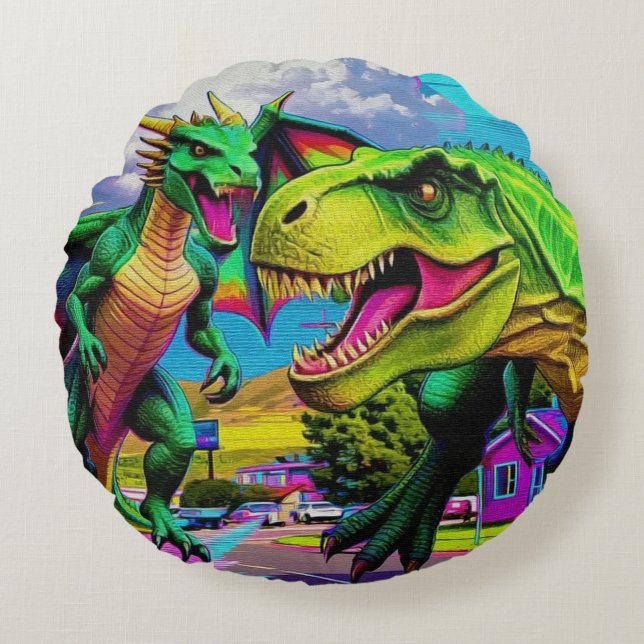 Almofada Redonda Vamos Jogar - Dragão Verde e Dinossauro (Frente)