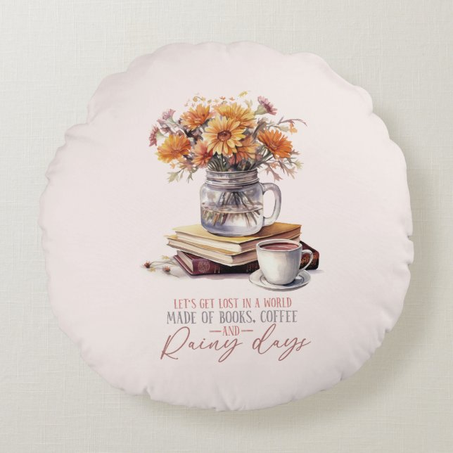 Almofada Redonda Vamos nos perder - Livros, Café e Chuva Russo (Frente)