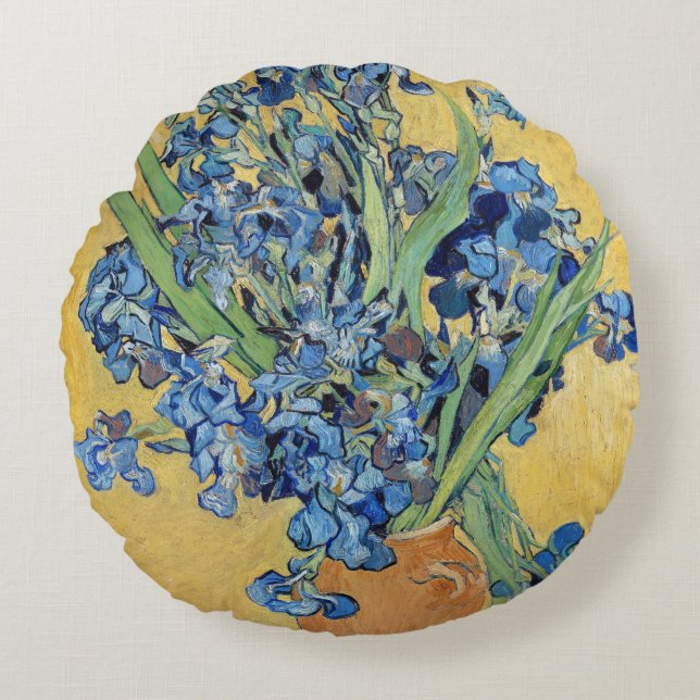 Almofada Redonda Van Gogh Irises Vase Dourada Wall Blue Flowers Art (Frente)