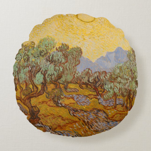 Almofada Redonda Van Gogh Olive Trees Yellow Sun Sky (Frente)
