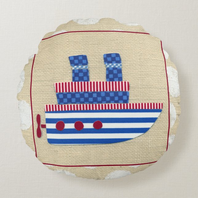 Almofada Redonda Vapor com Propeller e Bandeiras Azuis (Frente)
