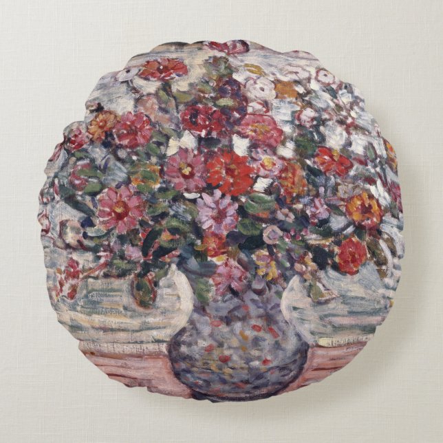 Almofada Redonda Vaso de Flores, Zinnias por Maurice Prendergast (Frente)