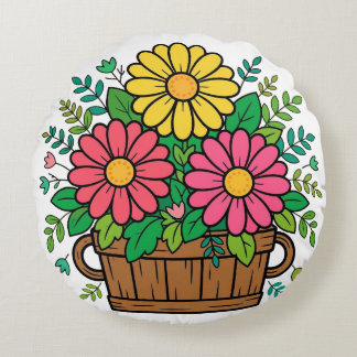 Almofada Redonda Vaso de Madeira Floral Retro Alegre
