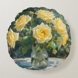 Almofada Redonda Vaso de Rosas Amarelas Impressionismo
