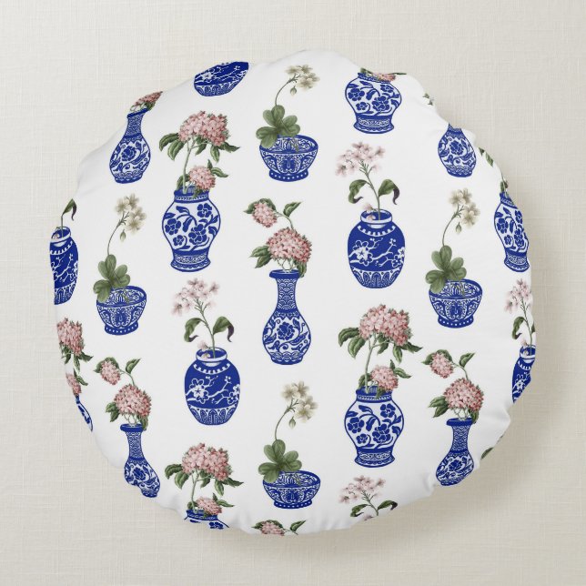 Almofada Redonda Vasos e flores azuis de Chinoiserie  (Verso)