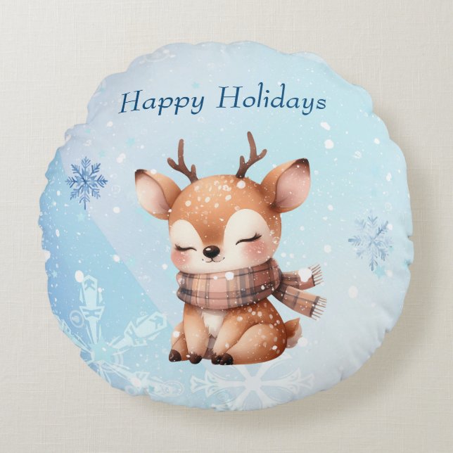 Almofada Redonda Veado de Cartoon Bonito na Neve (Frente)