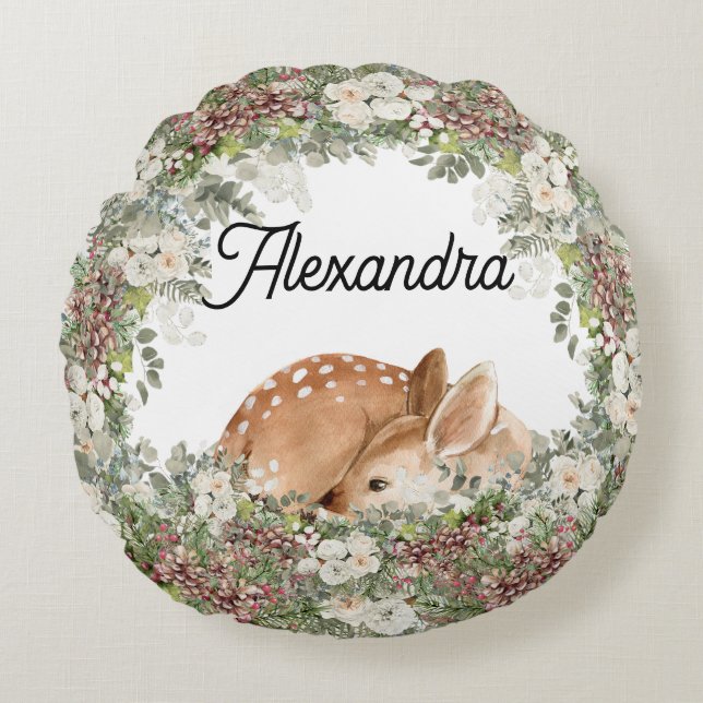 Almofada Redonda Veado do Bosque de Inverno O Selvagem   (Frente)