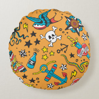 Almofada Redonda Velha Tatuagem Escolar: Bonita Sem Costura