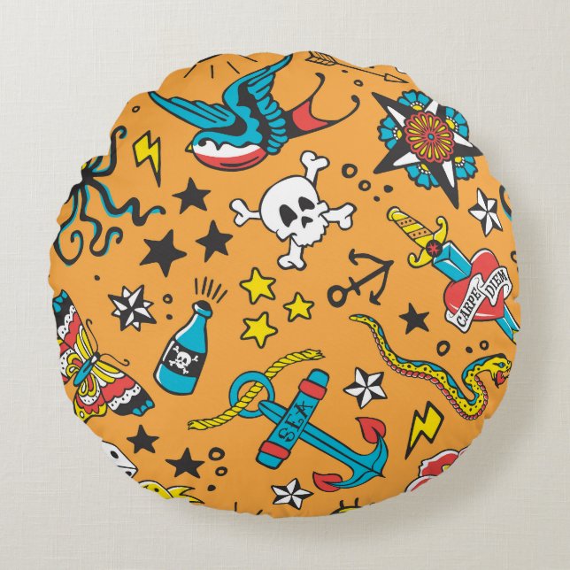 Almofada Redonda Velha Tatuagem Escolar: Bonita Sem Costura (Frente)