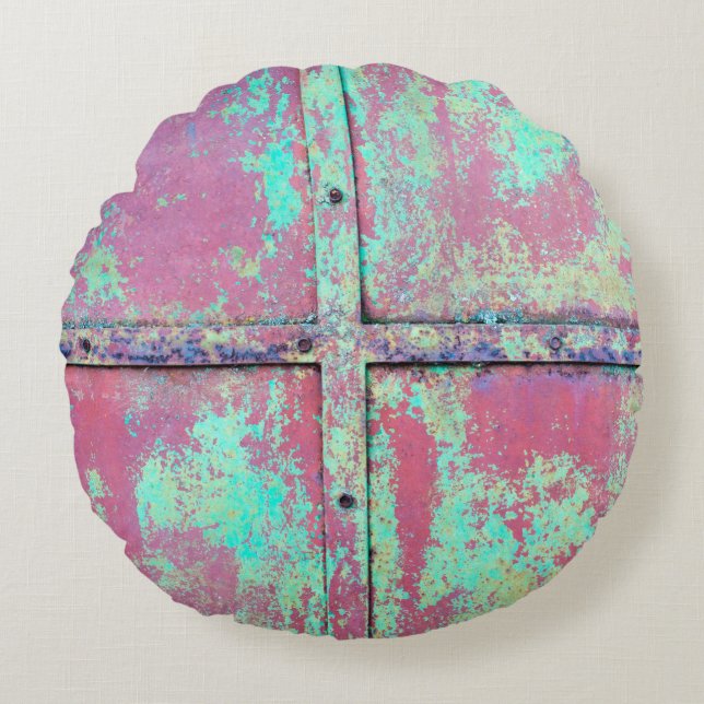 Almofada Redonda Velho muro verde pintado com textura de ferrugem.  (Frente)