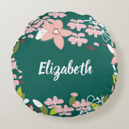 Almofada Redonda Verde com Flores Rosa Personalizadas