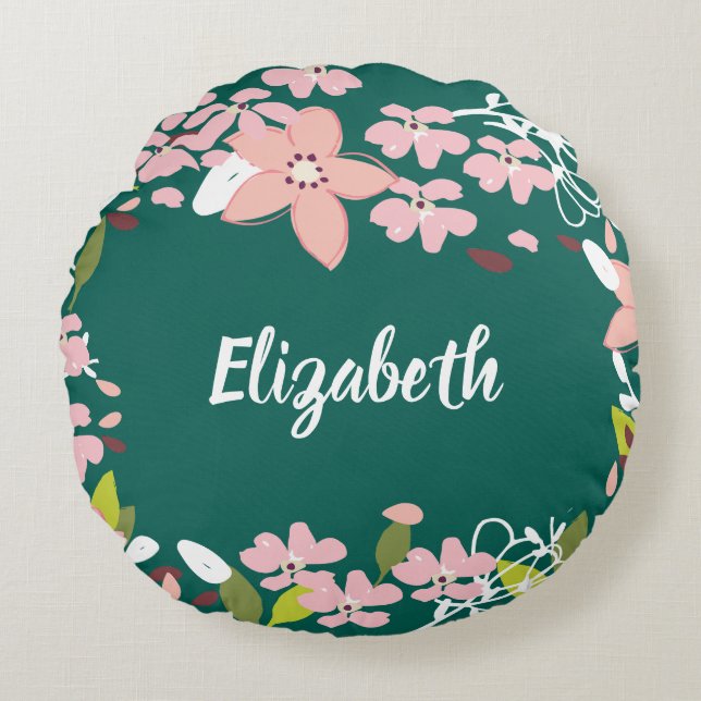Almofada Redonda Verde com Flores Rosa Personalizadas (Frente)