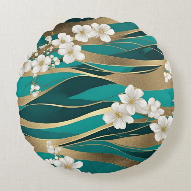 Almofada Redonda Verde e Dourado Floral (Frente)