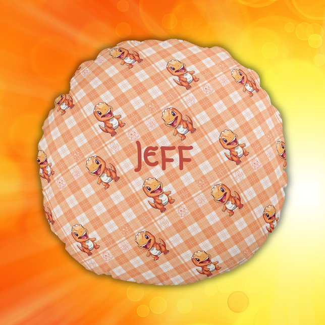 Almofada Redonda Verificação de Buffalo Laranja com Dinossauros e M (Criador carregado)