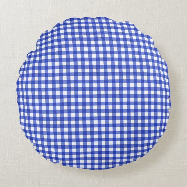 Almofada Redonda Verificação de Gingham Azul (Frente)