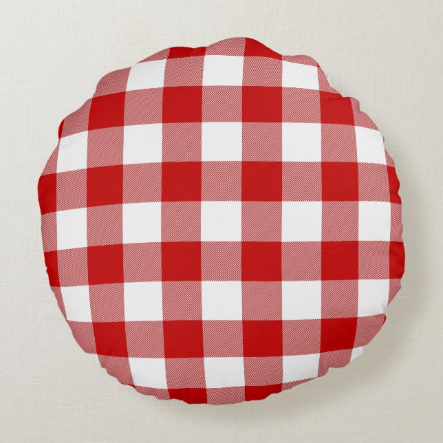 Almofada Redonda Verificação de Gingham Vermelho e Branco (Verso)