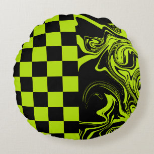 Almofada Redonda Verificações e rotações - Verde limão e preto