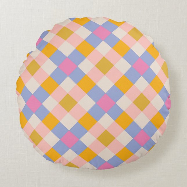 Almofada Redonda Verificações violetas de cor rosa amarela (Frente)