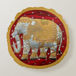 Almofada Redonda Vermelho Embellished e ouro do elefante indiano
