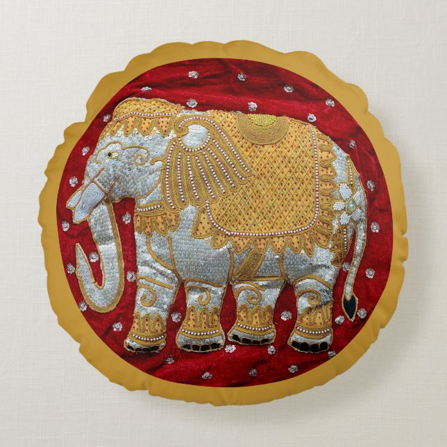 Almofada Redonda Vermelho Embellished e ouro do elefante indiano (Frente)