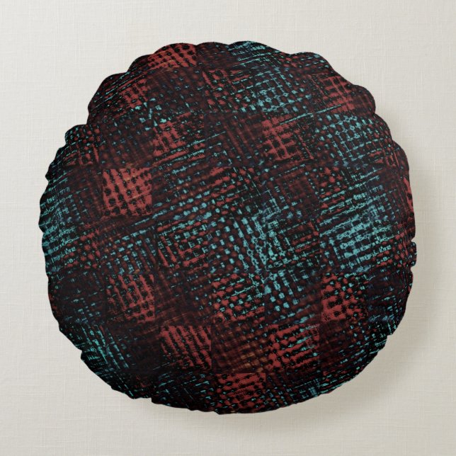 Almofada Redonda Vermelho escuro, azul, arranhões cruzados, quadrad (Frente)