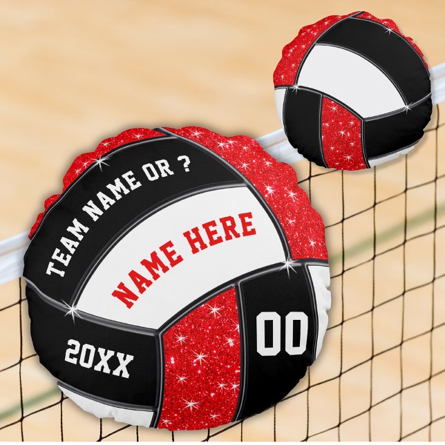 Almofada Redonda Vermelho, Preto e Branco, Presentes para Jogadores (Red, White and Black, Personalized, Volleyball Pillow. Great, Senior Night Gifts for Volleyball. )