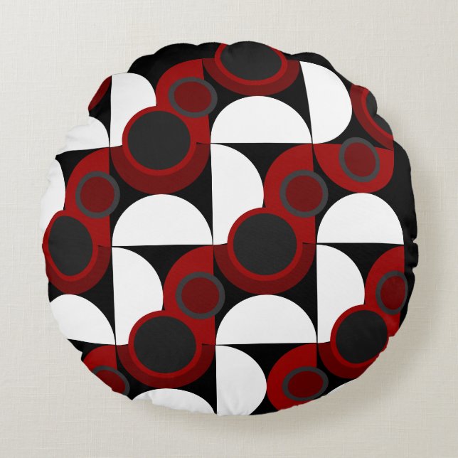 Almofada Redonda Vermelho, preto e cinza moderno do século médio (Frente)