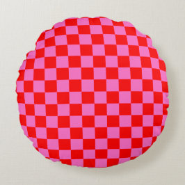 Almofada Redonda Vermelhos e Rosa Neon Checkerboard Vintage