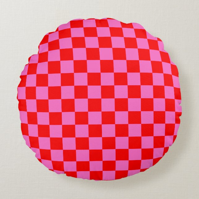 Almofada Redonda Vermelhos e Rosa Neon Checkerboard Vintage (Frente)