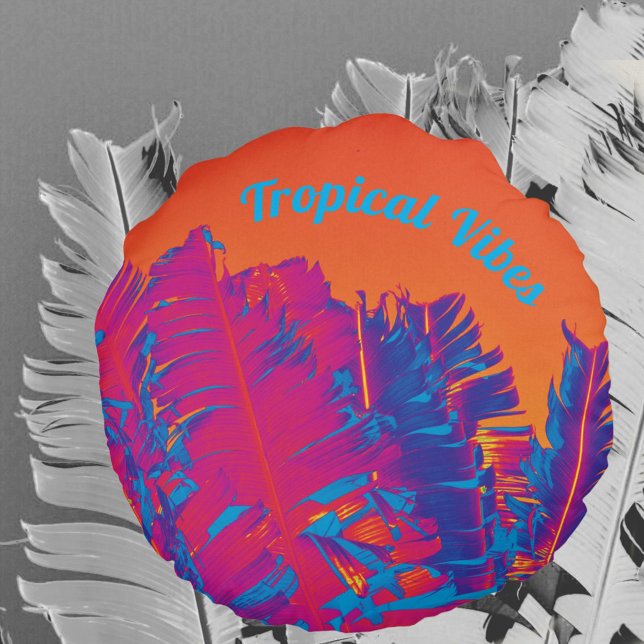 Almofada Redonda Víblias Tropicais Psicodélicas Palmeiras Rosa Quen (Criador carregado)