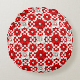 Almofada Redonda Vibrant Red And White Floral Pattern With Pearl