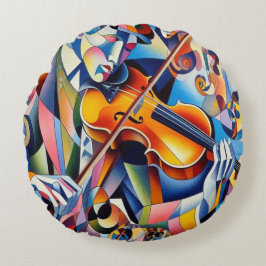 Almofada Redonda Vibrant Symphony: Abstract Violinist Art
