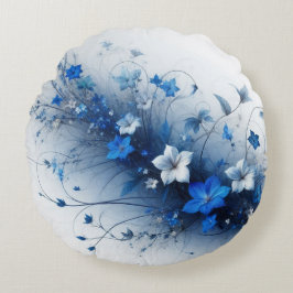 Almofada Redonda Videira Floral Azul e Branco