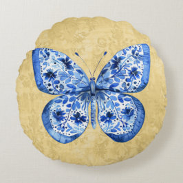 Almofada Redonda Vintage Blue Butterfly Dourada Damask Antiguamente