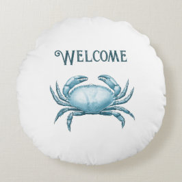 Almofada Redonda Vintage Blue Crab - Casa de praia natural náutica