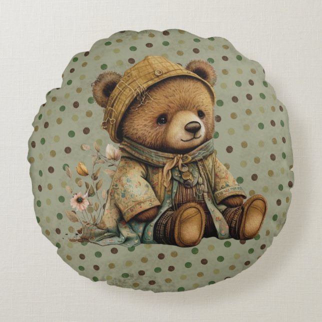 Almofada Redonda Vintage Brown Teddy Bear E Polkadots (Frente)