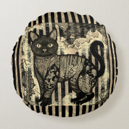 Almofada Redonda Vintage Cat Retro,Stripes Pattern 