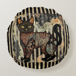Almofada Redonda Vintage Cat Retro,Stripes Pattern 