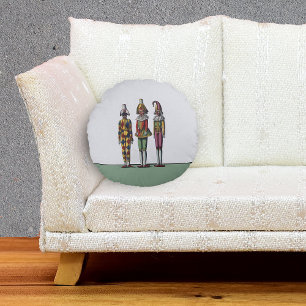 Almofada Redonda Vintage Colorful Whimsical Three Jester Dols