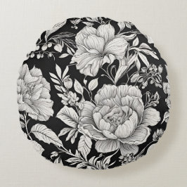 Almofada Redonda Vintage Floral Black and White Classic