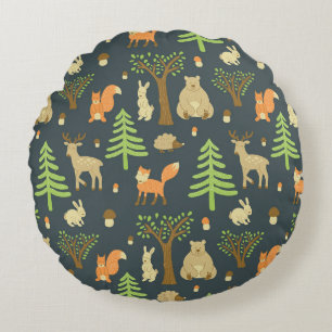 Almofada Redonda Vintage Forest Animal, Padrão Infantil.